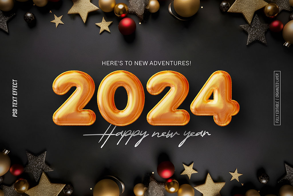 黑色背景气球立体2024新年快乐英文图片 黑色背景气球立体2024新年快乐英文图片